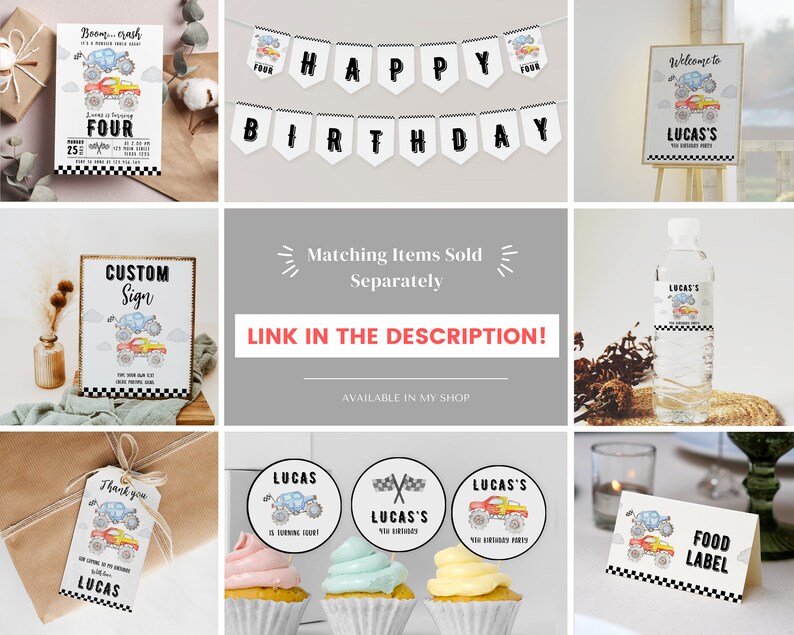 Puede incluir: Un conjunto de art&iacute;culos para fiestas con tem&aacute;tica de camiones monstruo que incluye invitaci&oacute;n, pancarta, letrero de bienvenida, etiqueta de botella de agua, etiqueta de regalo, adornos para cupcakes y etiqueta de comida.
