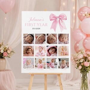 May include: A white rectangular milestone board titled Juliana's FIRST YEAR with the date 25.11.202X and a large pink bow illustration. The board features a grid of twelve individual photographs documenting a baby's growth from one to twelve months.