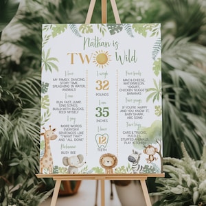 Peut inclure: Panneau d'anniversaire personnalis&eacute; sur chevalet, th&egrave;me jungle, avec des illustrations d'animaux. Le panneau indique le nom, l'&acirc;ge, le poids, la taille (89 cm) et les pr&eacute;f&eacute;rences de l'enfant. Il y a aussi le nombre de dents.