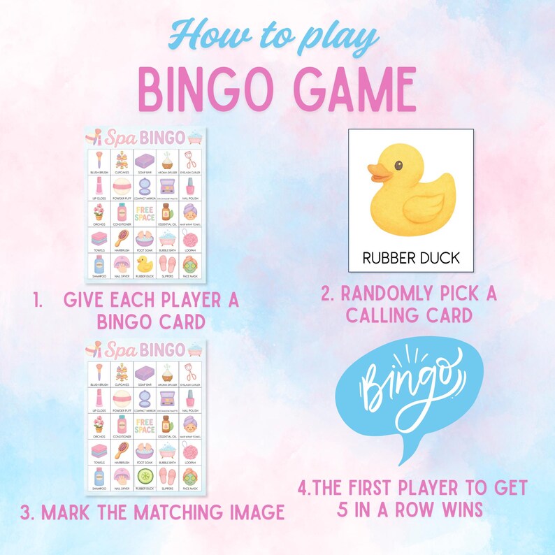 May include: A spa-themed Bingo game with instructions. The game includes Bingo cards with spa-related images, a rubber duck calling card, and a blue speech bubble with the word "Bingo". The text reads "How to play BINGO GAME".