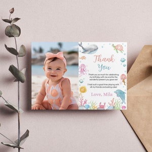 EDITABLE Under The Sea Birthday Thank You Card, Ocean Birthday Picture Thank You Card, Ocean Animals Birthday Favor Card, Printable. O007 image 5