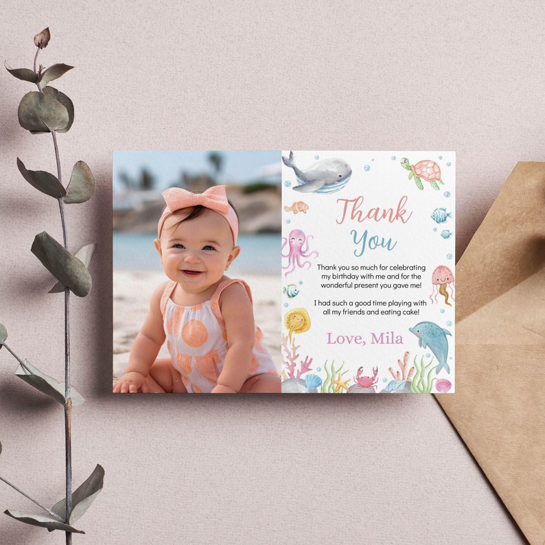 EDITABLE Under The Sea Birthday Thank You Card, Ocean Birthday Picture Thank You Card, Ocean Animals Birthday Favor Card, Printable. O007 image 5