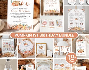 Editable Pumpkin First Birthday Invitation Bundle, Boho Fall Birthday Party Decor Kit, Floral Pumpkin Birthday Package Instant Download P004