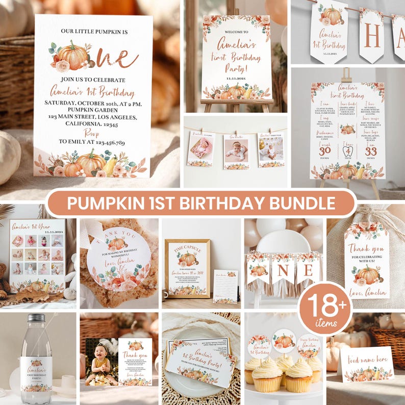 May include: A pumpkin-themed first birthday party stationery bundle featuring invitations, welcome signs, banners, milestone boards, thank you tags, and cupcake toppers. The designs include watercolor pumpkins, floral accents, and copper-colored text.