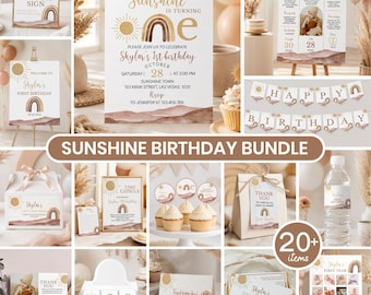 May include: A sunshine-themed birthday party bundle featuring a collection of printable decorations including invitations, milestone signs, cupcake toppers, banners, favor tags, and water bottle labels, all decorated with a sun and rainbow motif.