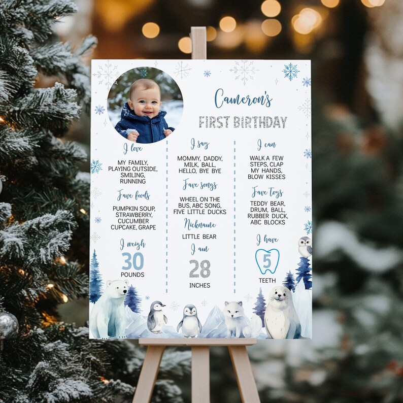 Pu&ograve; includere: Un cartello di compleanno bianco con una foto circolare di un bambino, fiocchi di neve blu e animali artici ad acquerello come un orso polare, pinguini e una foca. Il testo elenca dati come un peso di 30 libbre e 28 pollici di altezza.