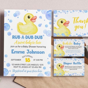 Conjunto de invitación editable para baby shower de pato de goma, invitación para baby shower de niño, fiesta de curandero, plantilla fácilmente personalizable e imprimible. D008