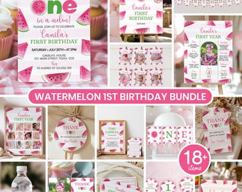 Editable Summer Birthday Party Decor Kit, Girl Birthday Invitation Bundle, Watermelon Party Package, Summer Party, Instant Download. M011