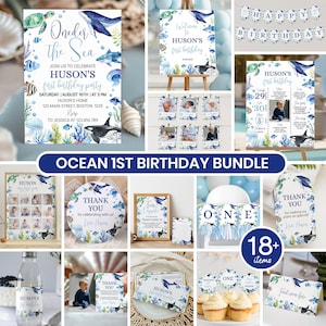 May include: An ocean-themed first birthday party decoration bundle featuring watercolor illustrations of sea creatures like whales, sharks, and turtles. The set includes invitations, milestone posters, banners, thank you tags, and cupcake toppers with blue text.