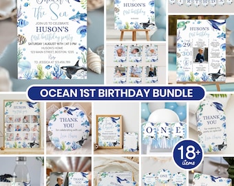 Editable Under The Sea Birthday Invitation Bundle, Ocean 1st Birthday Party Decor Kit, Oneder The Sea 1st Birthday Package, Printable. O004