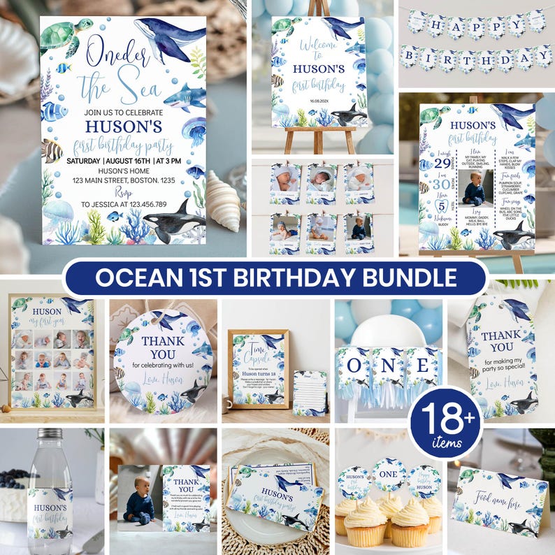 May include: An ocean-themed first birthday party decoration bundle featuring watercolor illustrations of sea creatures like whales, sharks, and turtles. The set includes invitations, milestone posters, banners, thank you tags, and cupcake toppers with blue text.