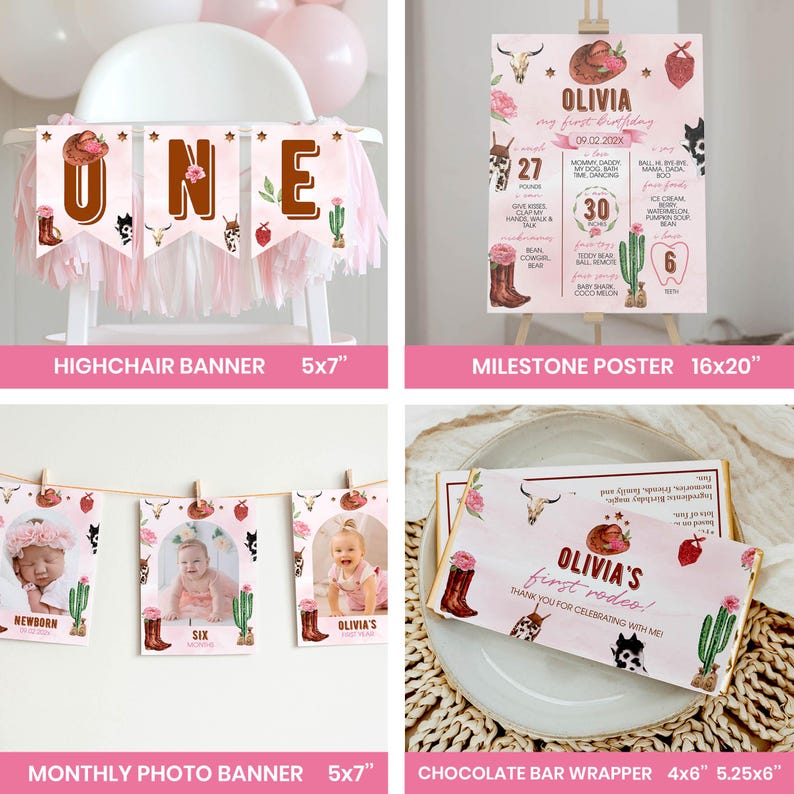 Paquete de cumpleaños de vaquera rosa para el primer rodeo / Set editable para fiesta de primer cumpleaños estilo western / Decoración imprimible para el primer rodeo de niña. R007 imagen 4