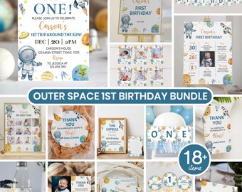 1st Trip Around the Sun Birthday Invitation Bundle, Outer Space First Birthday Party Decor, Astronaut Birthday Package Template. O006