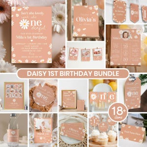Bearbeitbares Daisy Erster Geburtstag Einladung Set, Daisy Geburtstag Party Decor Kit, Retro Daisy Thema Geburtstagspaket, Sofort Download. #D003