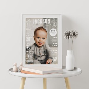 May include: A white framed poster featuring a photograph of a baby boy and a checklist of milestones for his first year. The poster includes the baby's name, Jackson, and his birthdate, 02.2021. The poster also includes information about the baby's height, weight, number of teeth, favourite songs, books, and foods.