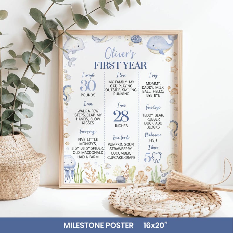 May include: A framed milestone poster with a light wood frame. The poster features a watercolor design with sea creatures and the text "Oliver's First Year." It includes details like weight (13.6 kg), height (71 cm), and favorite things.