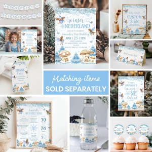 May include: A collection of winter-themed party supplies, including invitations, signs, cupcake toppers, and a banner. The designs feature illustrations of fairies, mushrooms, and snowflakes in shades of blue and white. The text includes "Happy Birthday" and "Amanda's First Birthday".