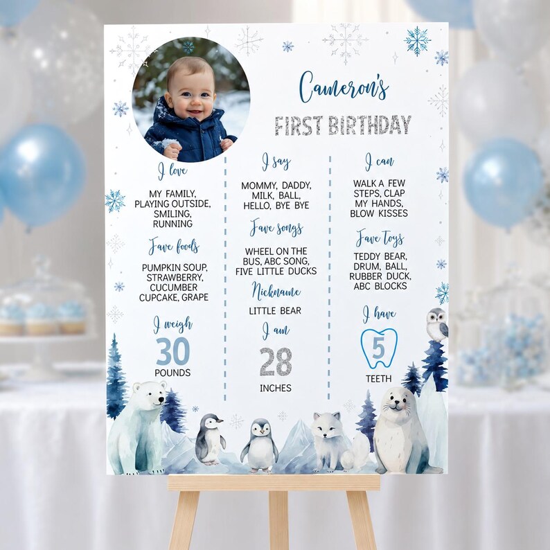 Pu&ograve; includere: Un cartello di compleanno bianco con una foto circolare di un bambino, fiocchi di neve blu e animali artici ad acquerello. Il testo include Cameron's First Birthday, I love, I say, I can, Fave foods, Fave songs, Nickname, I am, I weigh 30 pounds, I am 28 inches e I have 5 teeth.
