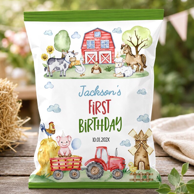 May include: A white snack bag with green top and bottom borders featuring watercolor farm illustrations including a red barn, a cow, a horse, a pig, a tractor, and a windmill. The text reads Jackson's FIRST BIRTHDAY 10.01.202X.