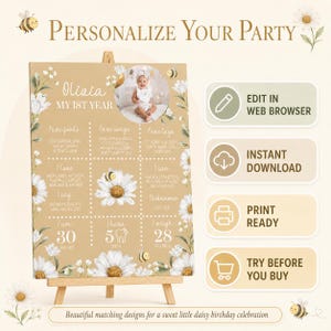 Editable Daisy 1st Birthday Invitation, Boho Wildflower Party Decor, Retro Bee Birthday Bundle. D005 image 2