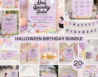 Könnte beinhalten: Ein Halloween-Geburtstagsdekorationsset in Pastelllila und Orange mit Geisterillustrationen. Das Set enthält Einladungen, Banner, Schilder, Cupcake-Topper, Geschenkanhänger und Wasserflaschenetiketten mit dem Schriftzug One Spooky Babe.