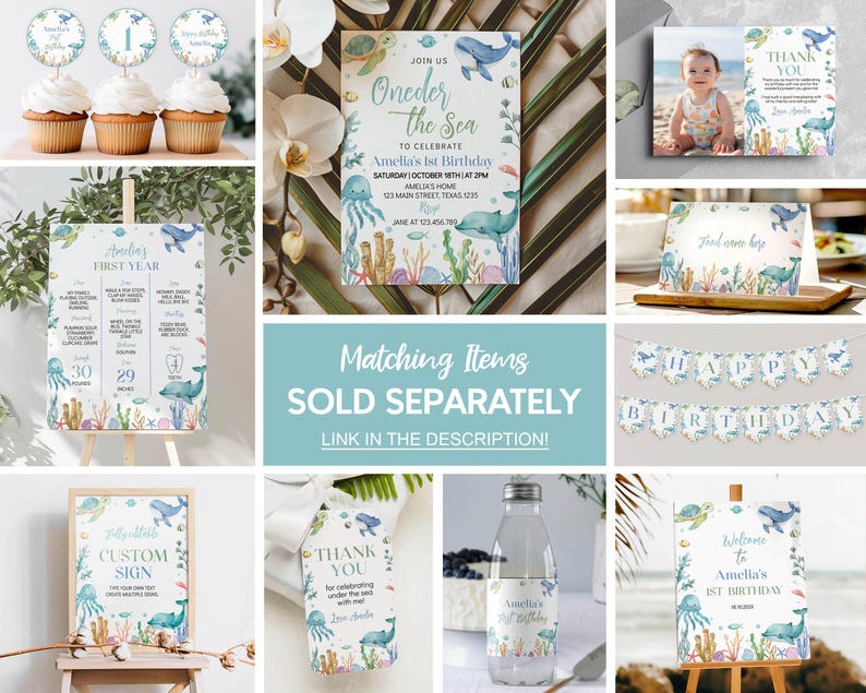 Puede incluir: Un conjunto de decoraciones de fiesta imprimibles para un primer cumplea&ntilde;os con un tema de bajo el mar. Las decoraciones incluyen un cartel de bienvenida, un cartel personalizado, un cartel del primer a&ntilde;o, un cartel de agradecimiento, una pancarta, adornos para cupcakes y una etiqueta para botella de agua. Las decoraciones presentan una ilustraci&oacute;n de acuarela de una ballena, una medusa, un caballito de mar y coral.