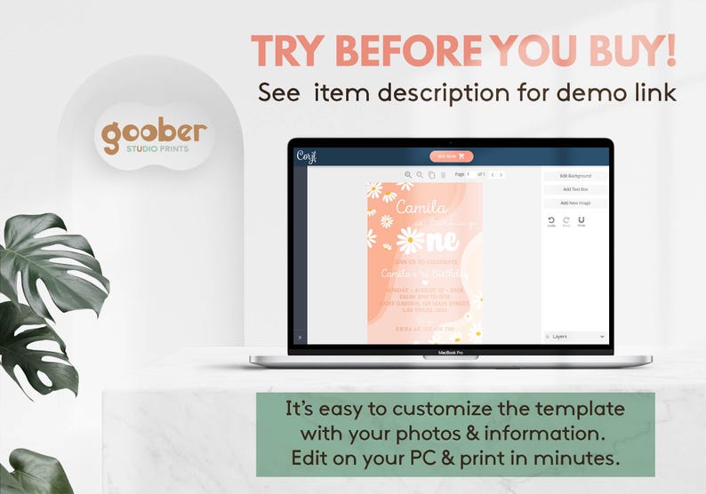 May include: A laptop displaying a digital invitation template editor with a peach-colored background, white daisy graphics, and the text Camila one. The screen shows editing tools and the text TRY BEFORE YOU BUY! See item description for demo link.