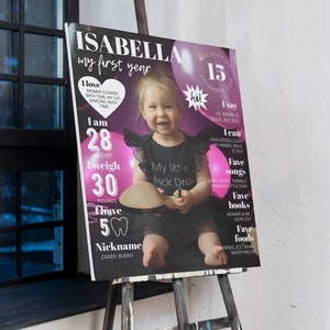 May include: A pink and black first birthday poster for a baby girl named Isabella. The poster features a photo of the baby girl, along with details about her first year, including her height, weight, and favorite things. The poster is decorated with pink balloons and hearts.