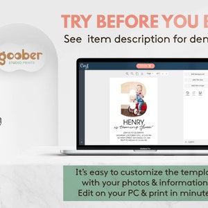 Op de afbeelding: Een laptopscherm met een digitale verjaardagsuitnodigingssjabloon met een groot cijfer drie, een foto van een kind en de tekst Henry is turning three. Het scherm bevat bewerkingstools en de tekst TRY BEFORE YOU BUY! See item description for demo link.