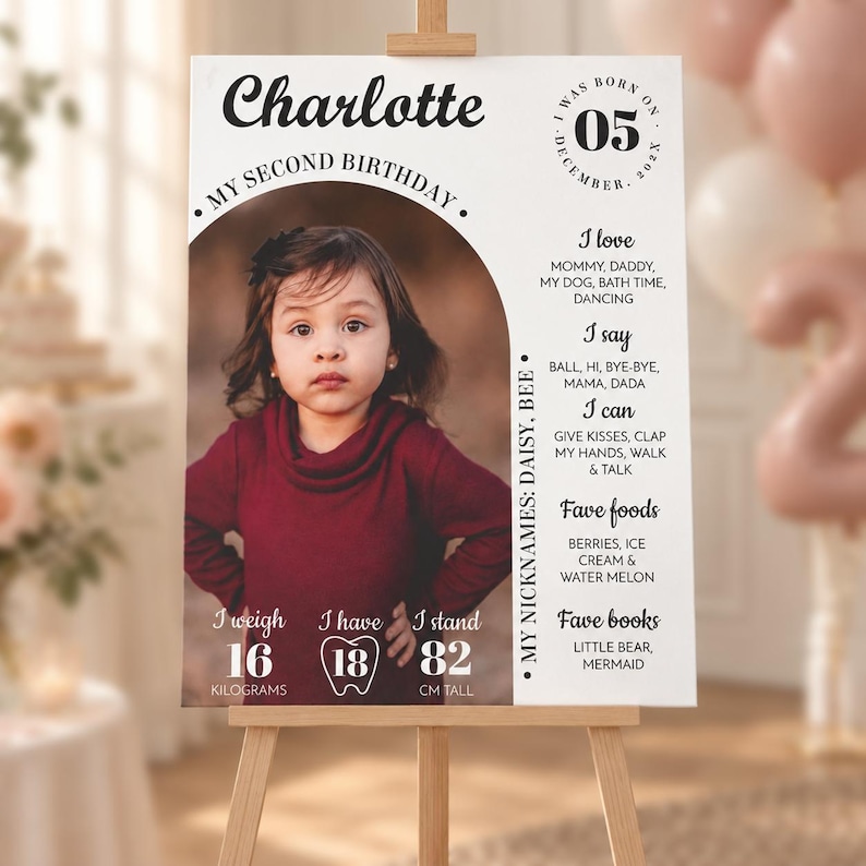 K&ouml;nnte beinhalten: Ein wei&szlig;es Geburtstagsschild mit einem Foto eines Kindes in einem kastanienbraunen Oberteil. Der Text enth&auml;lt den Namen Charlotte, das Geburtsdatum 05. Dezember 202X sowie Angaben wie 16 Kilogramm, 18 Z&auml;hne und 82 cm K&ouml;rpergr&ouml;&szlig;e und Vorlieben.