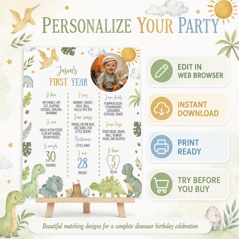 May include: A dinosaur-themed birthday milestone poster featuring watercolor illustrations of green dinosaurs, a volcano, and tropical leaves. The text includes 'Jason's First Year' with sections for interests, weight of 30 pounds, and height of 28 inches.