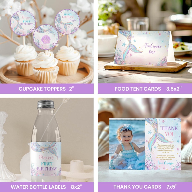 May include: A set of mermaid-themed party decorations, including cupcake toppers, food tent cards, water bottle labels, and thank you cards. The decorations feature a mermaid tail, seashells, and stars in shades of blue, purple, and pink. The text on the cards reads "Happy Birthday Maya", "Maya's First Birthday", "Food name here", and "Thank You".