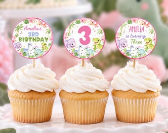 Adornos editables para cupcakes de dinosaurios para niñas / Decoración de fiesta de cumpleaños de dinosaurios en tonos pastel / Adornos para cupcakes de tercer cumpleaños / Descarga instantánea / D023