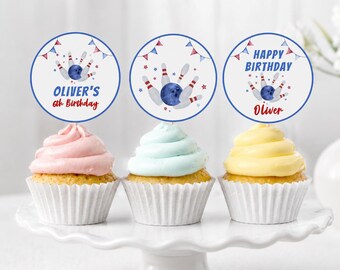Editable Bowling Birthday Cupcake Toppers | Printable Party Tags | Instant Download Birthday Decorations | Bowling Party Decor | B008