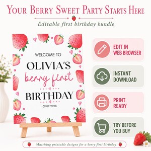 Pode incluir: Um cartaz imprim&iacute;vel para primeiro anivers&aacute;rio com ilustra&ccedil;&otilde;es de morangos e o texto: Welcome to Olivia's berry first birthday 09.02.202X. O design inclui &iacute;cones para edi&ccedil;&atilde;o web, download instant&acirc;neo, pronto para imprimir e teste.