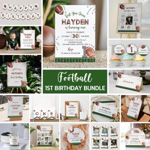 First Year Down Football Birthday Invitation Bundle, Sports Boy 1st Birthday Party Kit, Football Sunday Party Set, Printable Template. F016