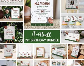 First Year Down Football Birthday Invitation Bundle, Sports Boy 1st Birthday Party Kit, Football Sunday Party Set, Printable Template. F016