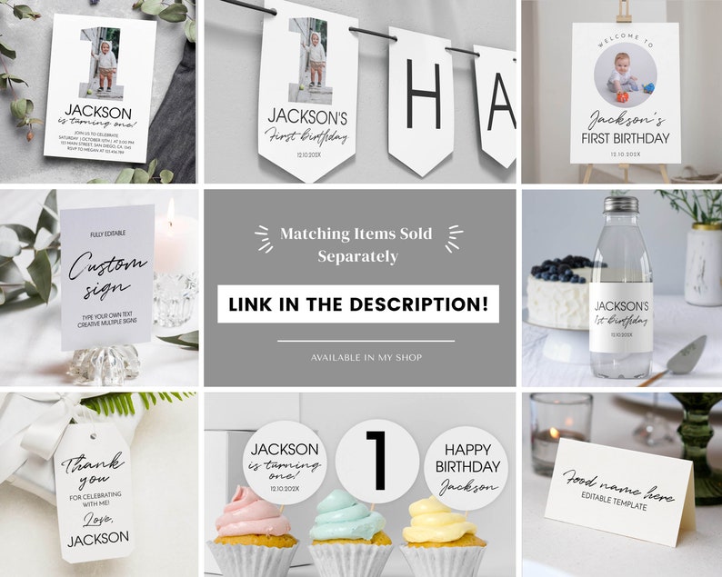 Op de afbeelding: Een set witte eerste verjaardagspapierwaren inclusief een foto-uitnodiging, banner, welkomstbord, waterfleslabel, bedankkaartje, cupcake-toppers en een tentkaartje voor eten, allemaal met zwarte tekst en minimalistische typografie.