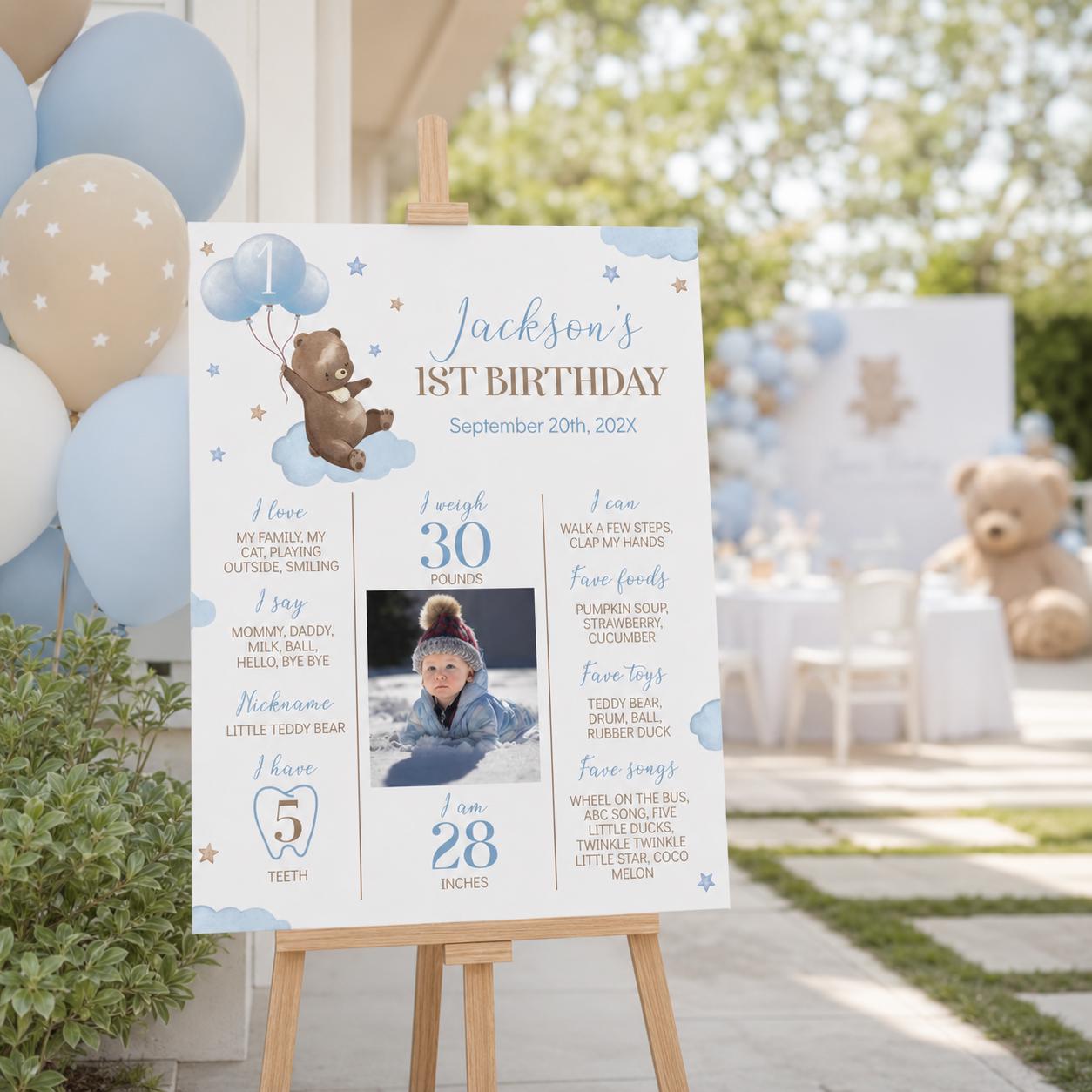 EDITABLE Beary First Birthday Milestone Poster, Teddy Bear Photo ...