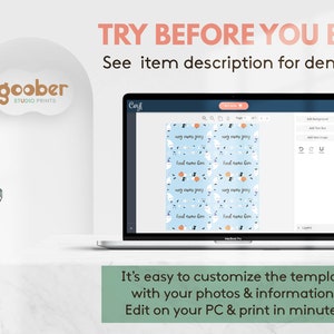 May include: A laptop screen displays a digital template editor featuring a light blue background with repeating ghost, pumpkin, and cat illustrations. The text "TRY BEFORE YOU BUY! See item description for demo link" and "It's easy to customize the template with your photos & information. Edit on your PC & print in minutes" appear.