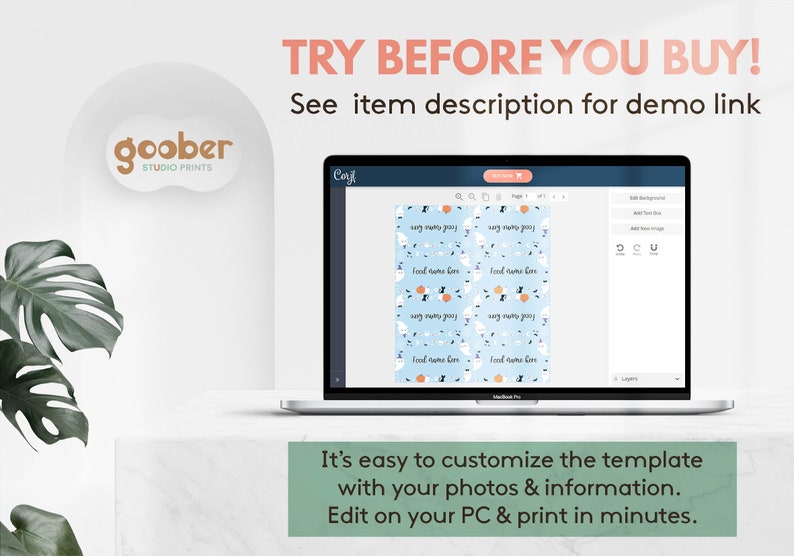 May include: A laptop screen displays a digital template editor featuring a light blue background with repeating ghost, pumpkin, and cat illustrations. The text "TRY BEFORE YOU BUY! See item description for demo link" and "It's easy to customize the template with your photos & information. Edit on your PC & print in minutes" appear.