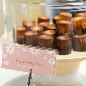 Op de afbeelding: Een doorzichtige glazen stolp over een verzameling kleine, donkerbruine, cilindervormige gebakjes op een beige standaard. Vooraan staat een rechthoekig roze bordje met witte madeliefjes en de tekst Food name here EDITABLE TEMPLATE.