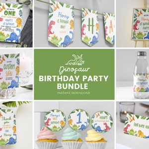 Editable Dinosaur First Birthday Invitation Bundle, Dinosaur 1st Birthday Kit, Dinosaur Party Decorations Package, Printable Template D006