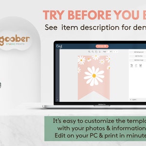 K&ouml;nnte beinhalten: Ein Laptop-Bildschirm zeigt eine digitale Designvorlage mit wei&szlig;en G&auml;nsebl&uuml;mchen auf hellrosa Hintergrund. Der Bildschirm zeigt Bearbeitungswerkzeuge und den Text TRY BEFORE YOU BUY! See item description for demo link. It's easy to customize the template with your photos & information. Edit on your PC & print in minutes.