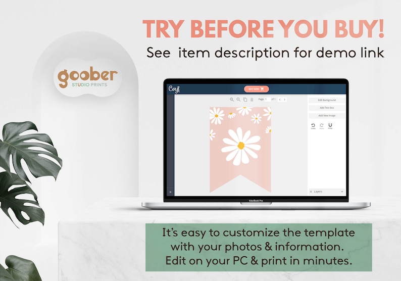K&ouml;nnte beinhalten: Ein Laptop-Bildschirm zeigt eine digitale Designvorlage mit wei&szlig;en G&auml;nsebl&uuml;mchen auf hellrosa Hintergrund. Der Bildschirm zeigt Bearbeitungswerkzeuge und den Text TRY BEFORE YOU BUY! See item description for demo link. It's easy to customize the template with your photos & information. Edit on your PC & print in minutes.