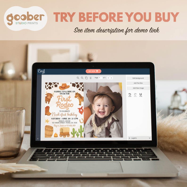 May include: A laptop screen displaying a customizable digital invitation template for a first birthday party with a western rodeo theme, featuring illustrations of a cowboy hat, horse, bull, boots, and a wagon, alongside a photo of a child in a hat.
