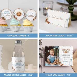 Op de afbeelding: Een set verjaardagsfeestartikelen met ronde cupcake-toppers, een rechthoekige naambordje voor eten, een waterflesetiket en een bedankkaartje, allemaal voorzien van een melk- en koekjesthema met blauwe en oranje stippen.