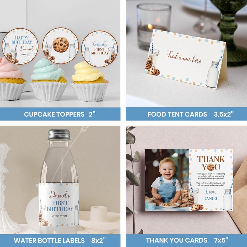 Op de afbeelding: Een set verjaardagsfeestartikelen met ronde cupcake-toppers, een rechthoekige naambordje voor eten, een waterflesetiket en een bedankkaartje, allemaal voorzien van een melk- en koekjesthema met blauwe en oranje stippen.