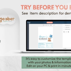 May include: A laptop screen displaying a digital birthday invitation template featuring a teddy bear illustration, blue balloons, and the text Huson's 1ST BIRTHDAY. The interface includes editing tools for customizing text and photos for a party event.