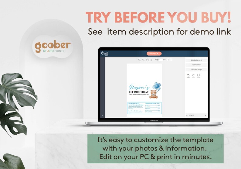 May include: A laptop screen displaying a digital birthday invitation template featuring a teddy bear illustration, blue balloons, and the text Huson's 1ST BIRTHDAY. The interface includes editing tools for customizing text and photos for a party event.